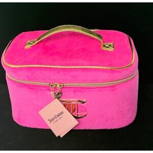 Juicy Couture Makeup Case Cosmetic Travel XL Hot Pink Gold Handle Velour NEW